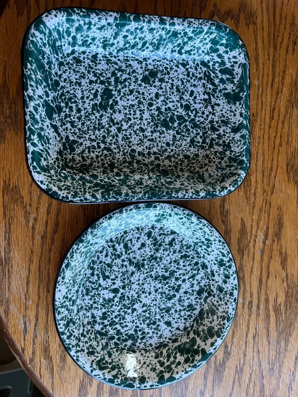 Vintage Green Splatter Enamelware Set - Roasting Pan & Pie Plate - MINT